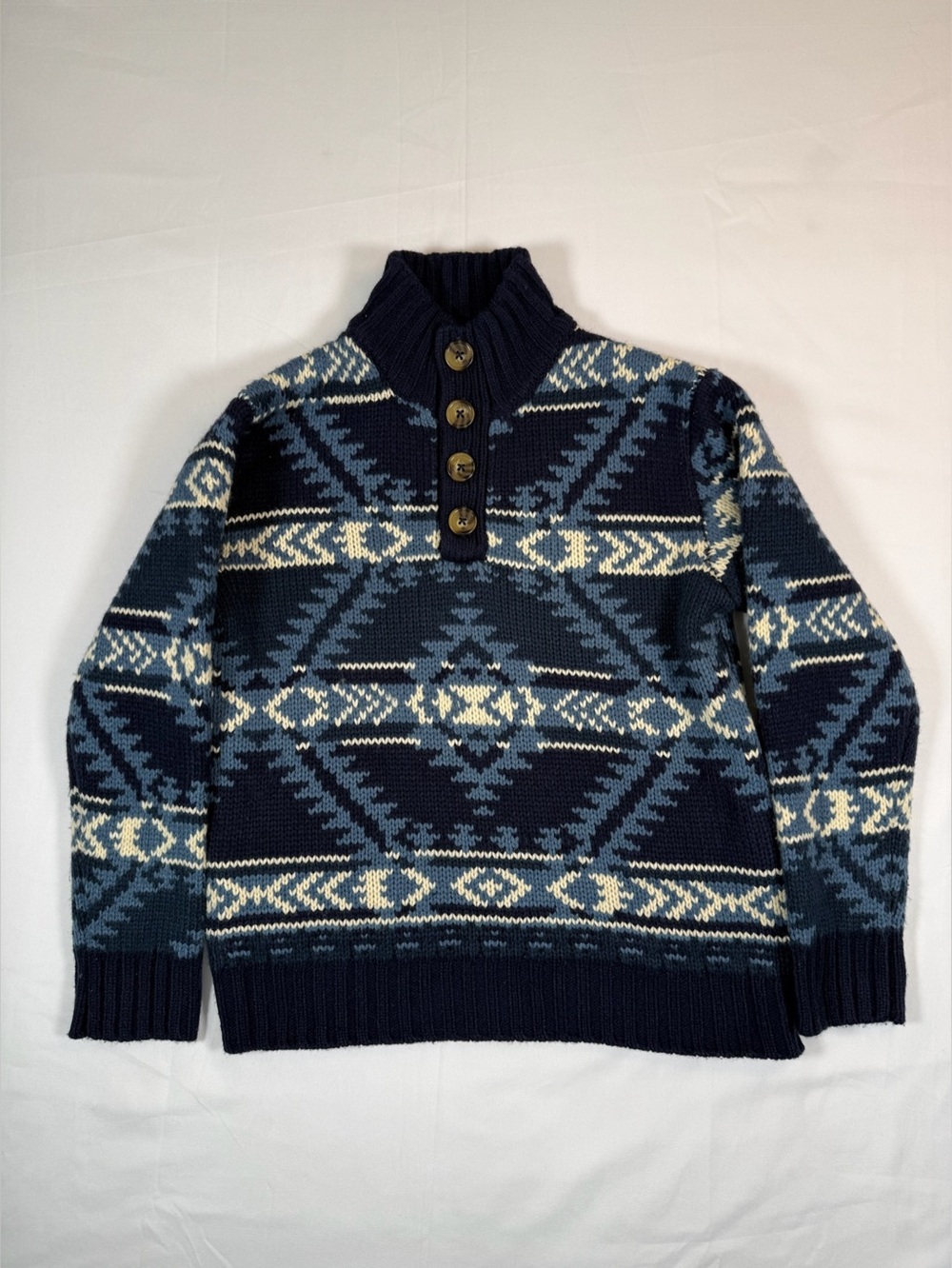 COTTON RYE Boys‎ Shawl Collar Button Neck Fair Isle Sweater Size L 10 Cabin Cozy